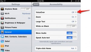 Settings app: General, Accessibility, VoiceOver.