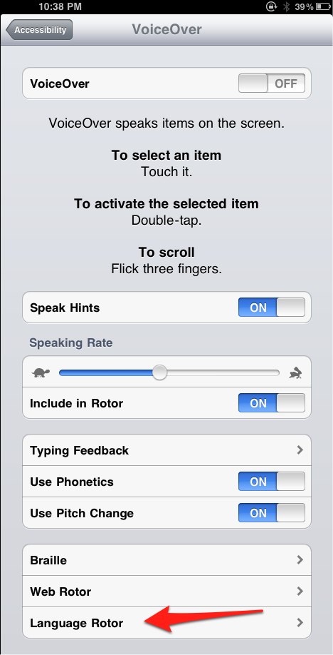 Language Rotor setting in VoiceOver preferences.