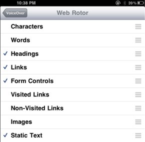 Options for Web Rotor: Headings, Links, Form Controls and more.