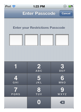 Enter passcode screen in iOS Restrictions.