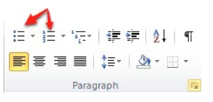 Numbered and bulleted list buttons in Home tab of the Ribbon.