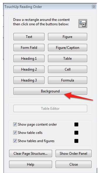Background option in Touch Up Reading Order window.