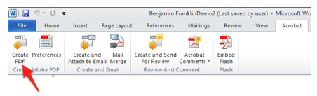 Create PDF Button in Adobe tab of the Ribbon.